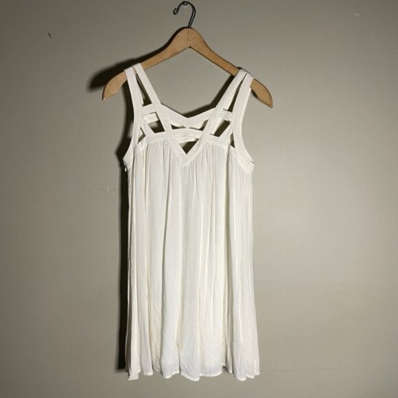 Flowy Ivory Cage Top Sun Dress Baby Doll Cream Cut Out Shift Dress Size M - Picture 9 of 13